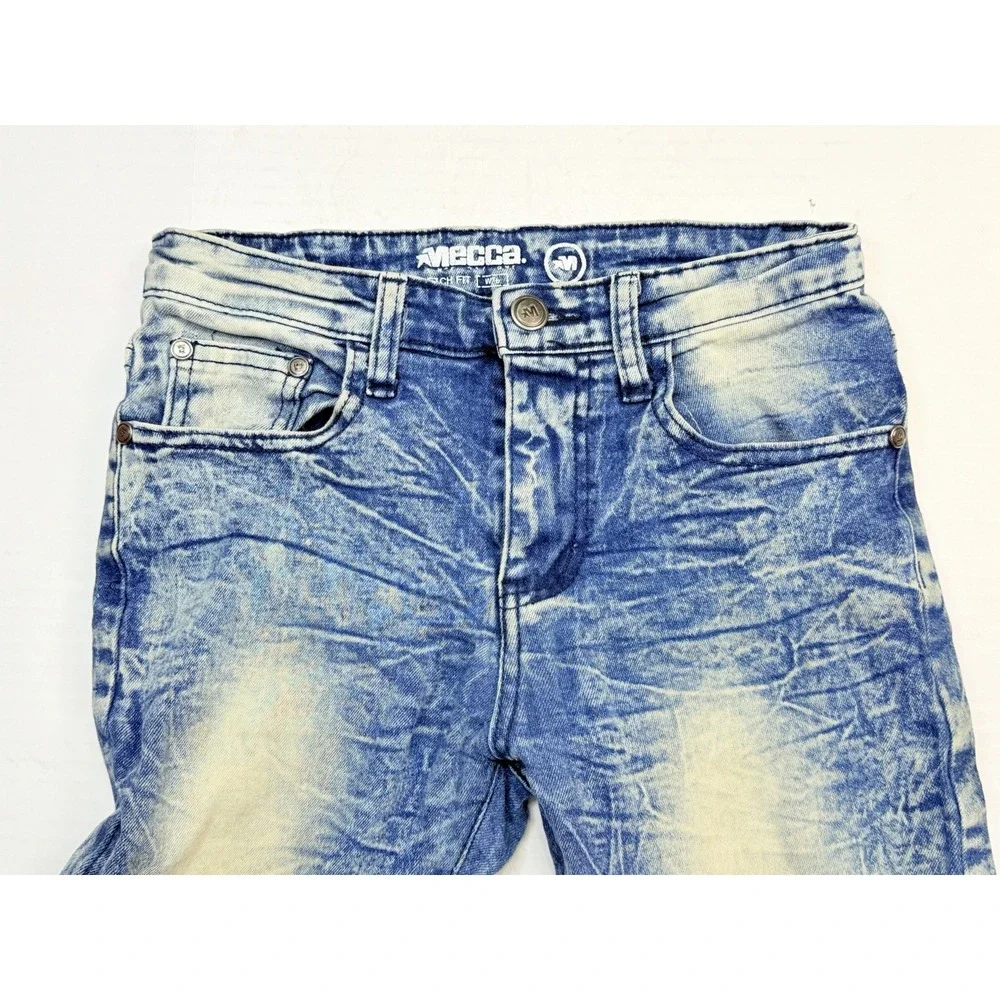 Mecca Stretch Fit Moto Jeans Youth Boys Size 10 Blue Acid Wash Distressed